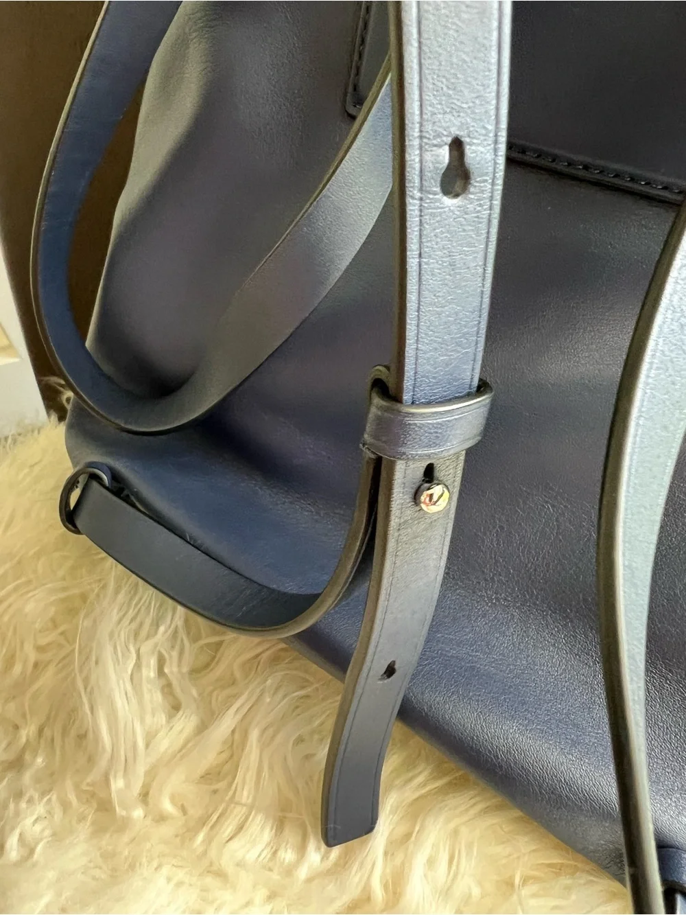 Marc Jacobs Navy Leather Drawstring Backpack with Zipper Details